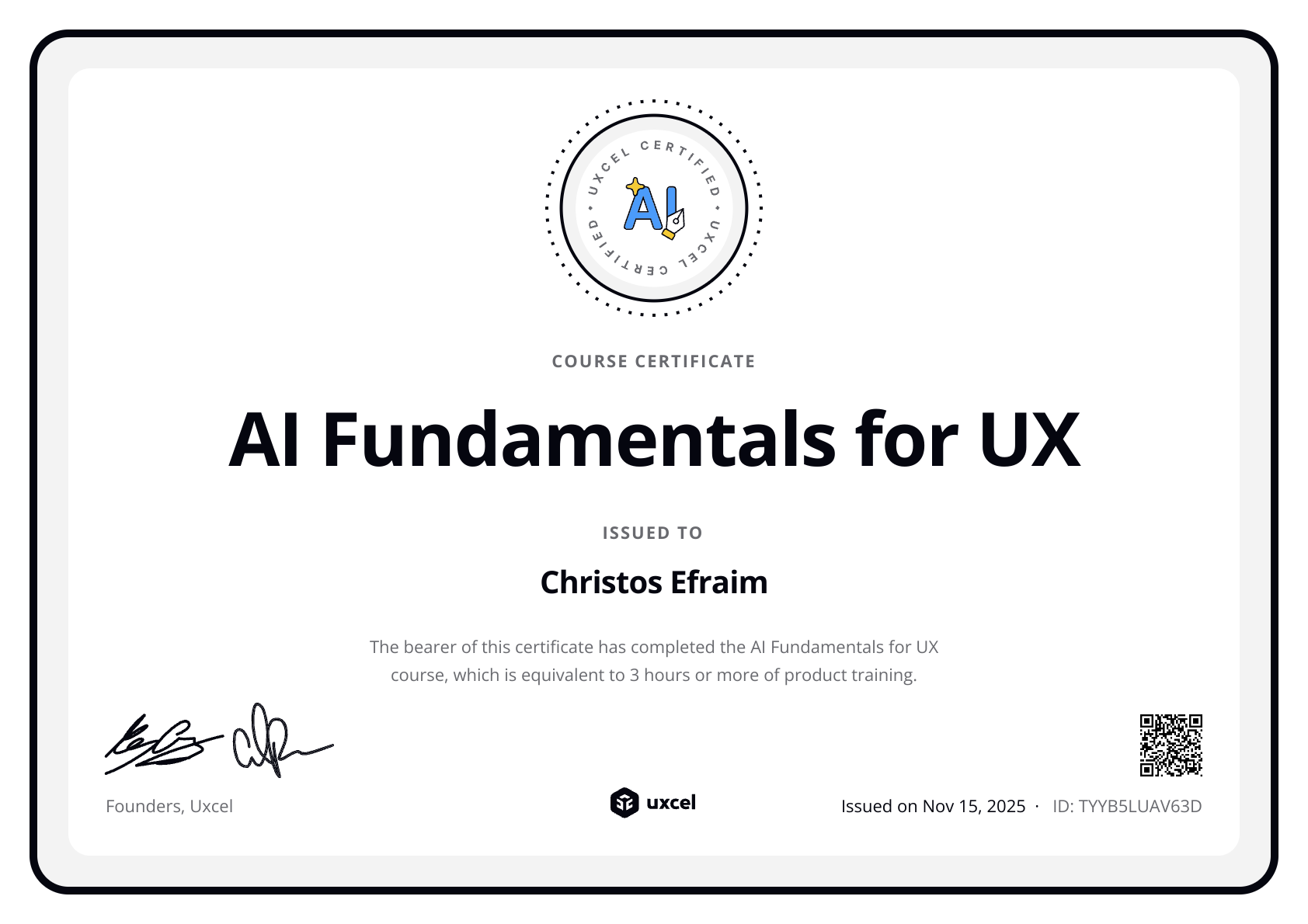 Christos Efraim's certificate